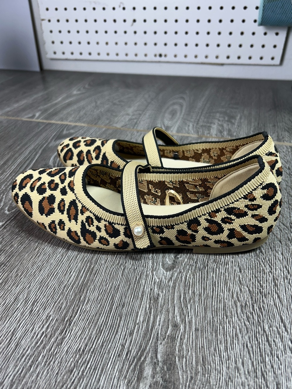 Jellypop women’s Leopard knitted Mary Jane Flats - Beige and Brown